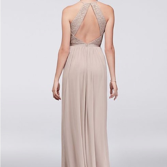 David's Bridal Rose Gold Metallic Open-Back Lace Long Bridesmaid Dress Size 8 - Picture 7 of 14